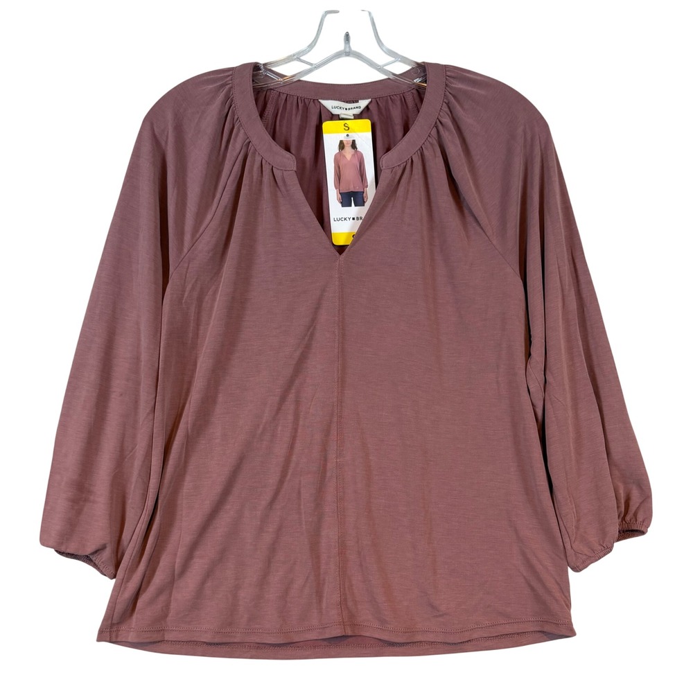 Lucky Brand Womens Mauve Split V-Neck 3/4 Sleeve Modal Blouse Top •S• Boho